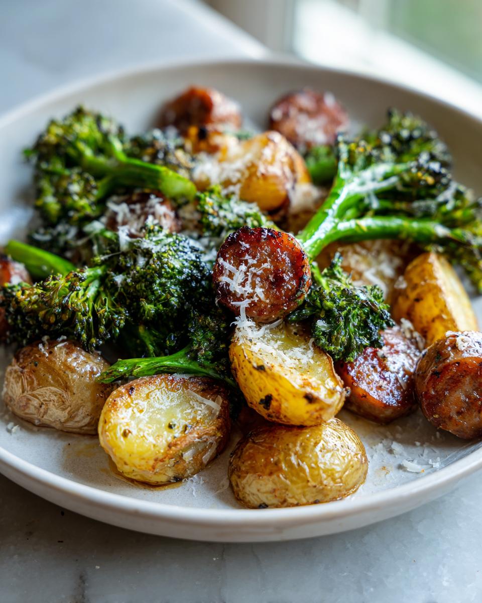 A close-up of a plate filled with Sheet Pan Sausage Potatoes and Broccoli Dinner, sprinkled with cheese.