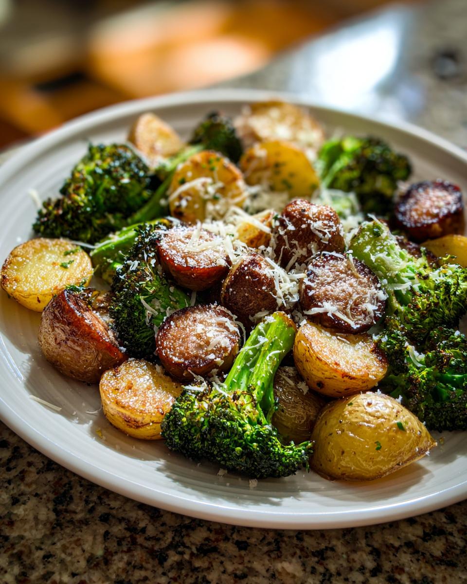 A close-up of a white plate filled with a Sheet Pan Sausage Potatoes and Broccoli Dinner, sprinkled with parmesan cheese.
