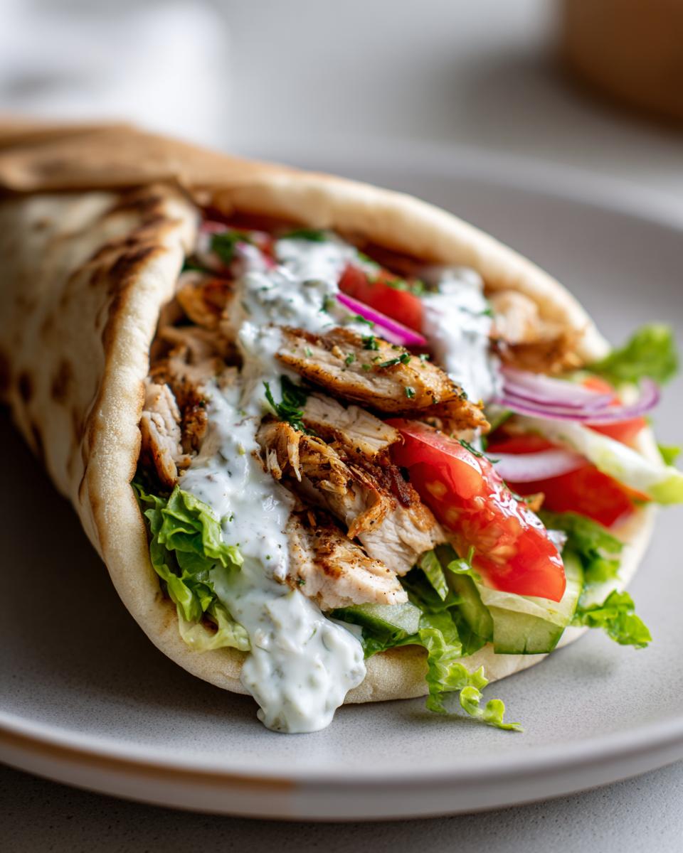 Close-up of a delicious Slow Cooker Chicken Gyros Easy Summer Dinner filled with tender chicken, fresh lettuce, tomatoes, cucumbers, red onion, and creamy tzatziki sauce.