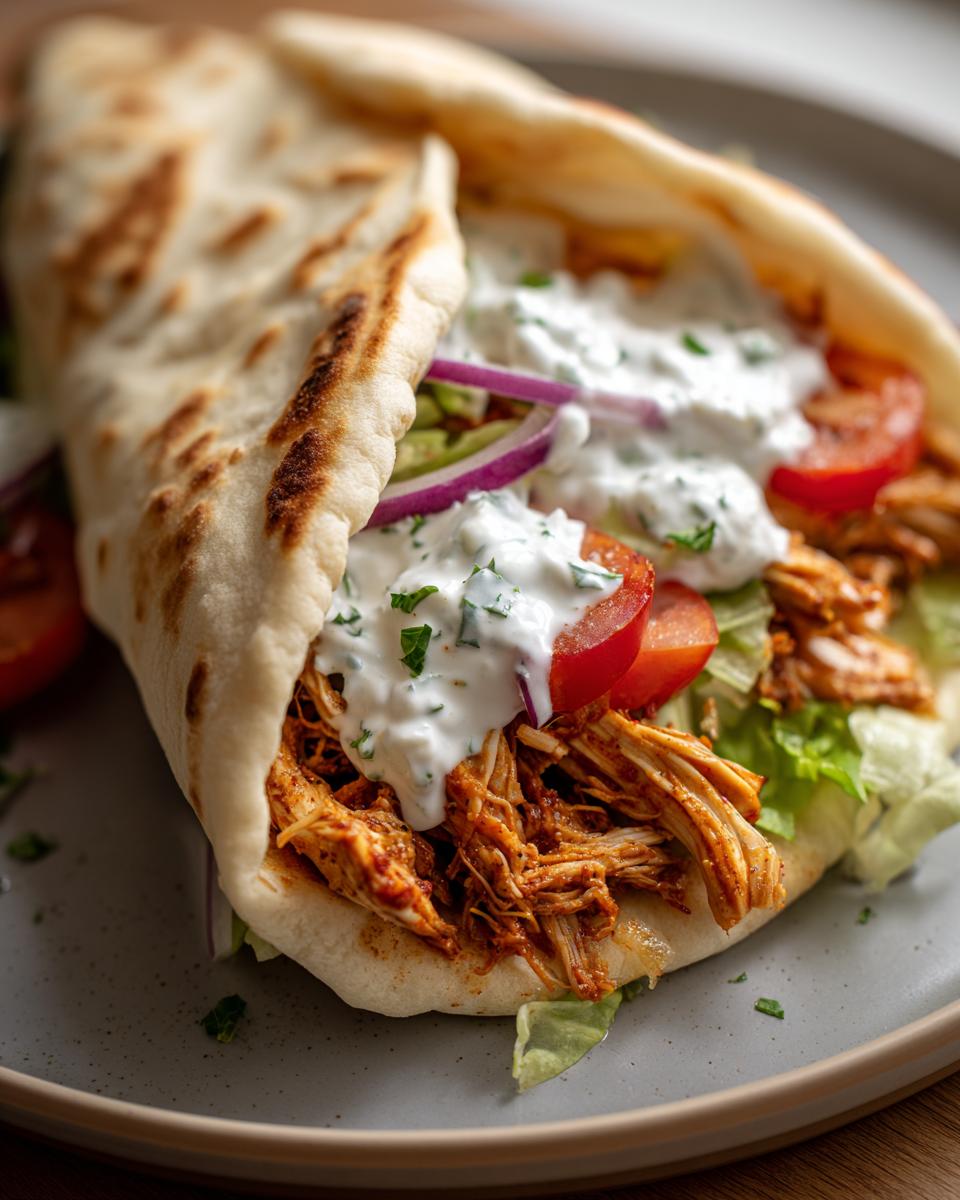 A delicious Slow Cooker Chicken Gyros Easy Summer Dinner served in a warm pita with lettuce, tomato, red onion, and tzatziki sauce.