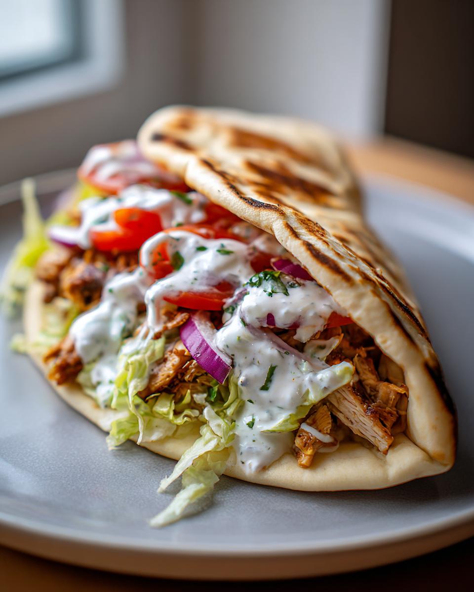 A delicious Slow Cooker Chicken Gyros Easy Summer Dinner piled high with shredded chicken, lettuce, tomatoes, red onion, and creamy sauce on pita bread.