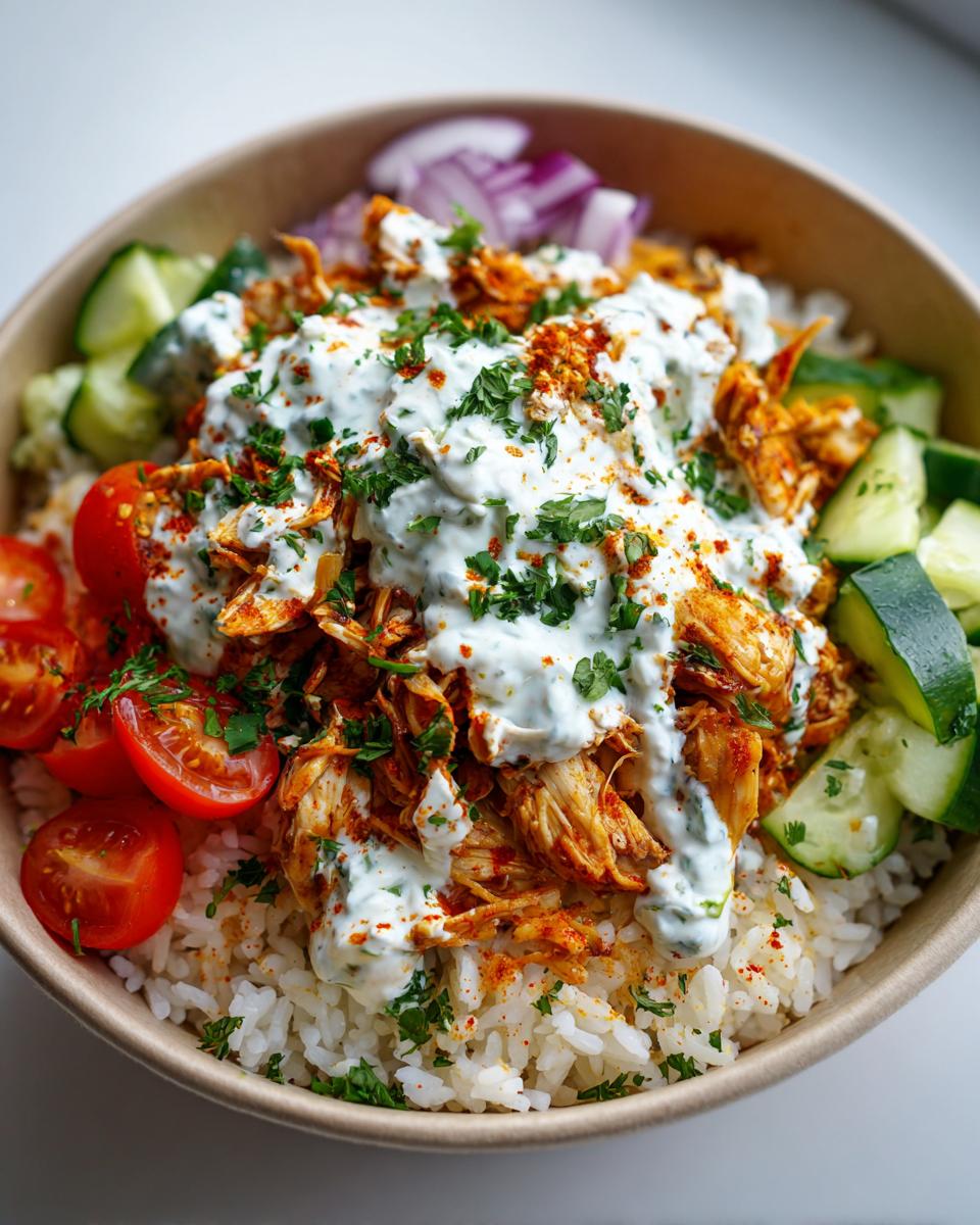 Slow Cooker Chicken Gyros Meal Prep: 1 Game Changer 4 A delicious bowl of slow cooker chicken gyros meal prep with rice, cucumber, tomatoes, red onion, and creamy sauce.