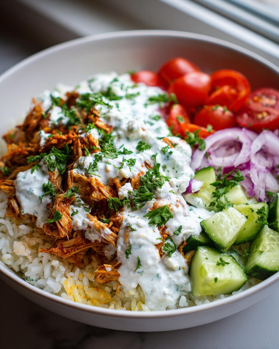 Slow Cooker Chicken Gyros Meal Prep: 1 Game Changer 5 A bowl filled with rice, shredded chicken, cucumber, tomatoes, red onion, and a creamy sauce, perfect for slow cooker chicken gyros meal prep.