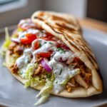 A delicious Slow Cooker Chicken Gyros Easy Summer Dinner served in a pita with lettuce, tomato, onion, and tzatziki sauce.