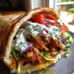 A delicious Slow Cooker Chicken Gyros generously filled with shredded chicken, lettuce, tomatoes, red onion, cucumber, and creamy tzatziki sauce.