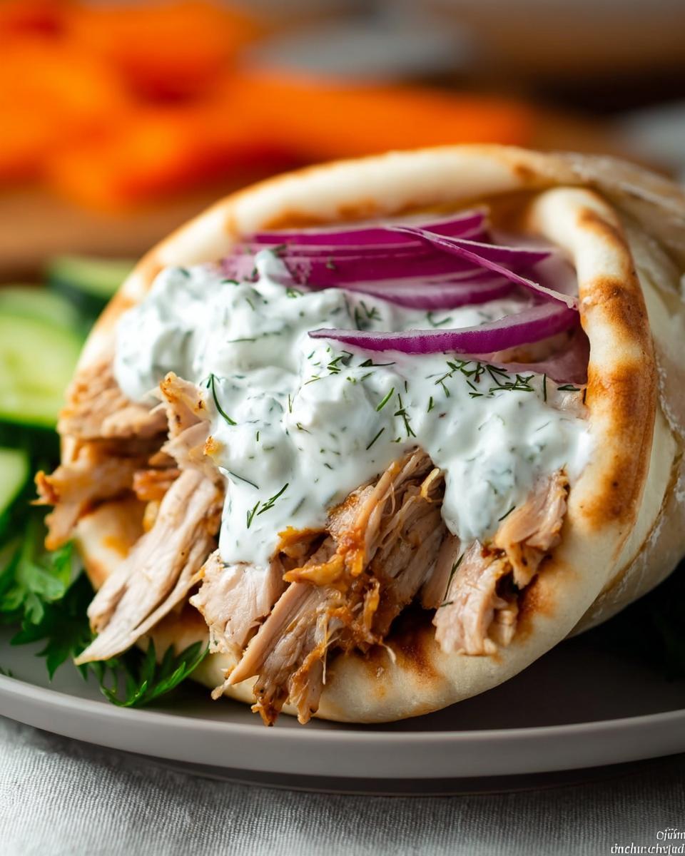 A delicious Slow Cooker Chicken Gyros stuffed into a pita with creamy tzatziki, red onion, and herbs.