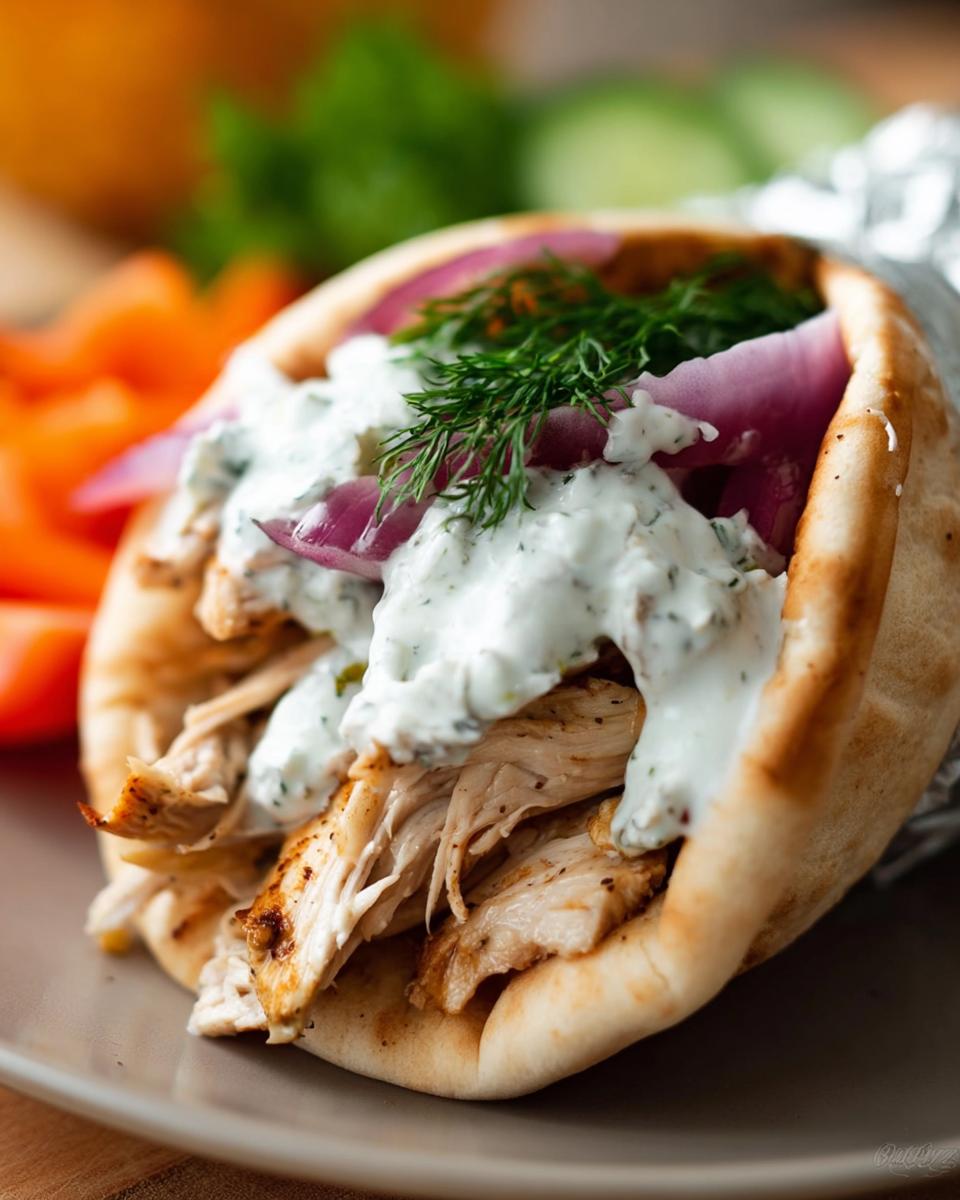 A close-up of a Slow Cooker Chicken Gyro stuffed with shredded chicken, red onion, and creamy tzatziki sauce, garnished with dill.