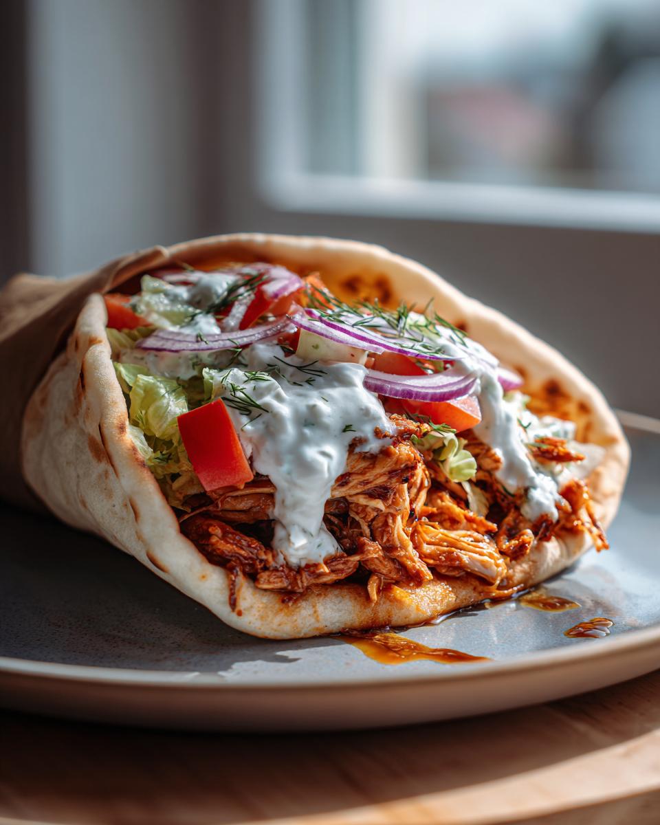 A delicious Slow Cooker Chicken Gyros wrap filled with shredded chicken, lettuce, tomatoes, red onion, and drizzled with creamy tzatziki sauce.