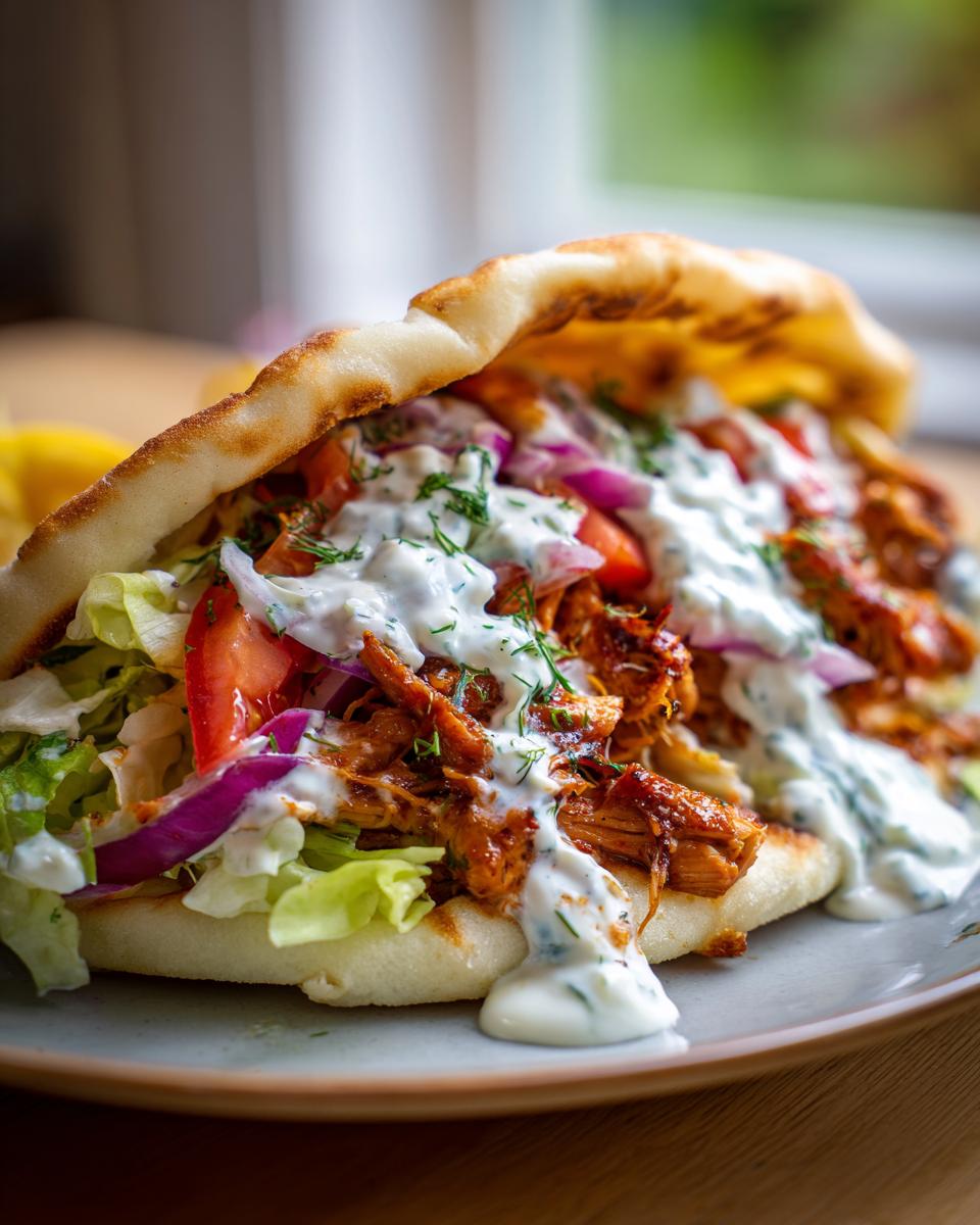 A delicious Slow Cooker Chicken Gyros stuffed with shredded chicken, lettuce, tomato, red onion, and drizzled with creamy tzatziki sauce.