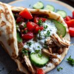 A delicious Slow Cooker Chicken Gyros with Tzatziki, filled with shredded chicken, fresh tomatoes, cucumber, and creamy tzatziki sauce.