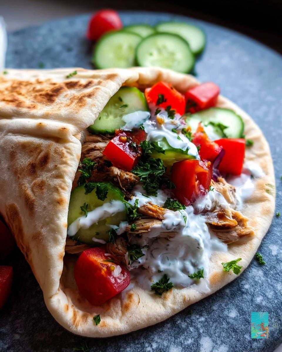 A delicious Slow Cooker Chicken Gyro filled with tender chicken, fresh tomatoes, cucumbers, and creamy tzatziki sauce.