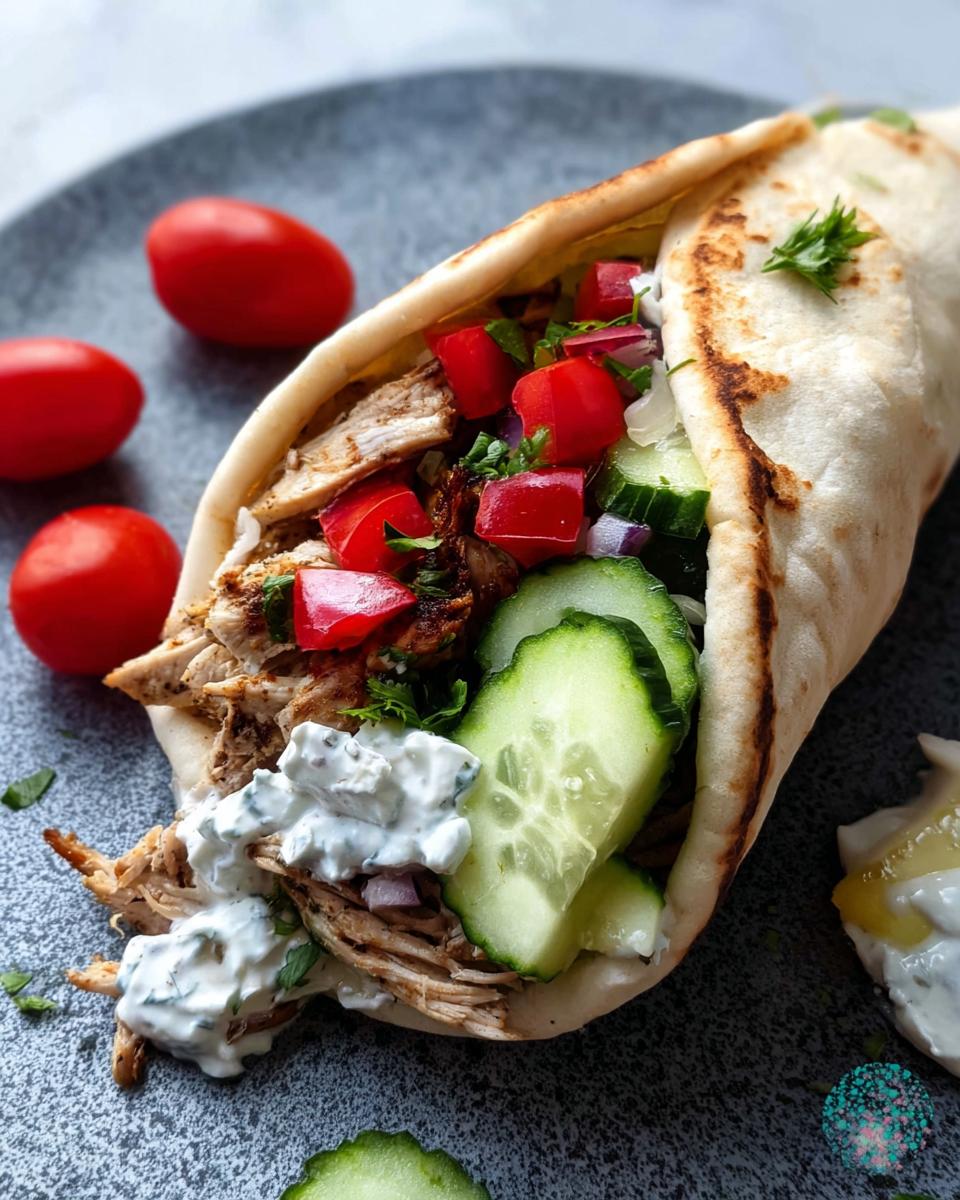 A delicious Slow Cooker Chicken Gyros with Tzatziki, filled with shredded chicken, cucumber, tomatoes, red onion, and creamy tzatziki sauce.