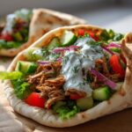 Close-up of a Slow Cooker Greek Chicken Pita Wrap filled with shredded chicken, lettuce, tomato, cucumber, red onion, and tzatziki sauce.