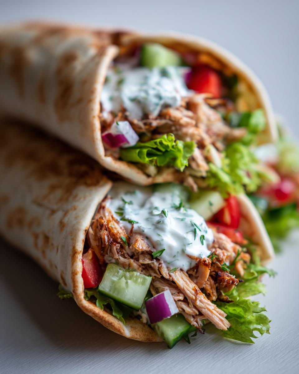 Close-up of two Slow Cooker Greek Chicken Pita Wraps filled with shredded chicken, lettuce, tomatoes, cucumber, red onion, and tzatziki sauce.