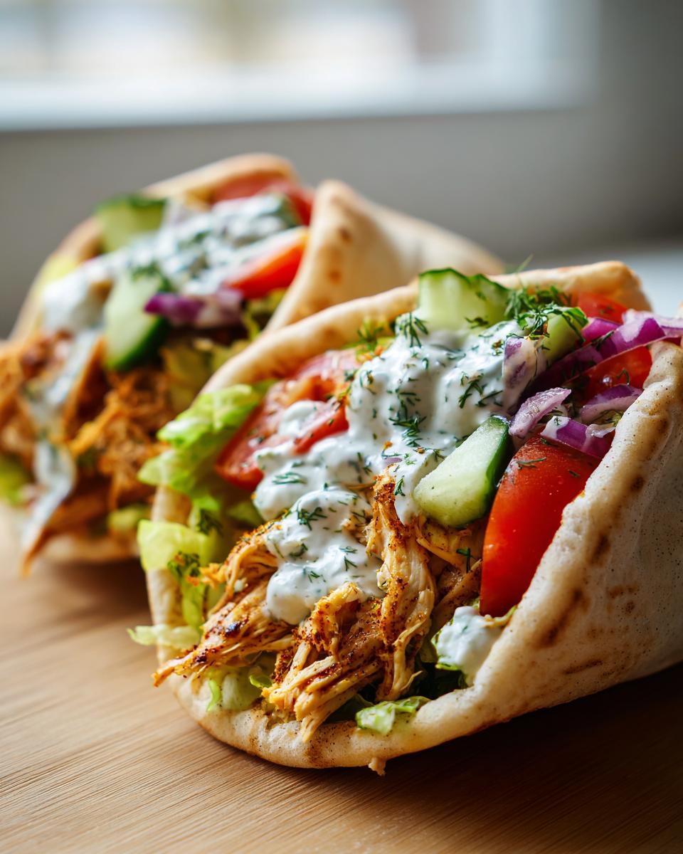 Close-up of two Slow Cooker Greek Chicken Pita Wraps filled with shredded chicken, lettuce, tomato, cucumber, red onion, and tzatziki sauce.