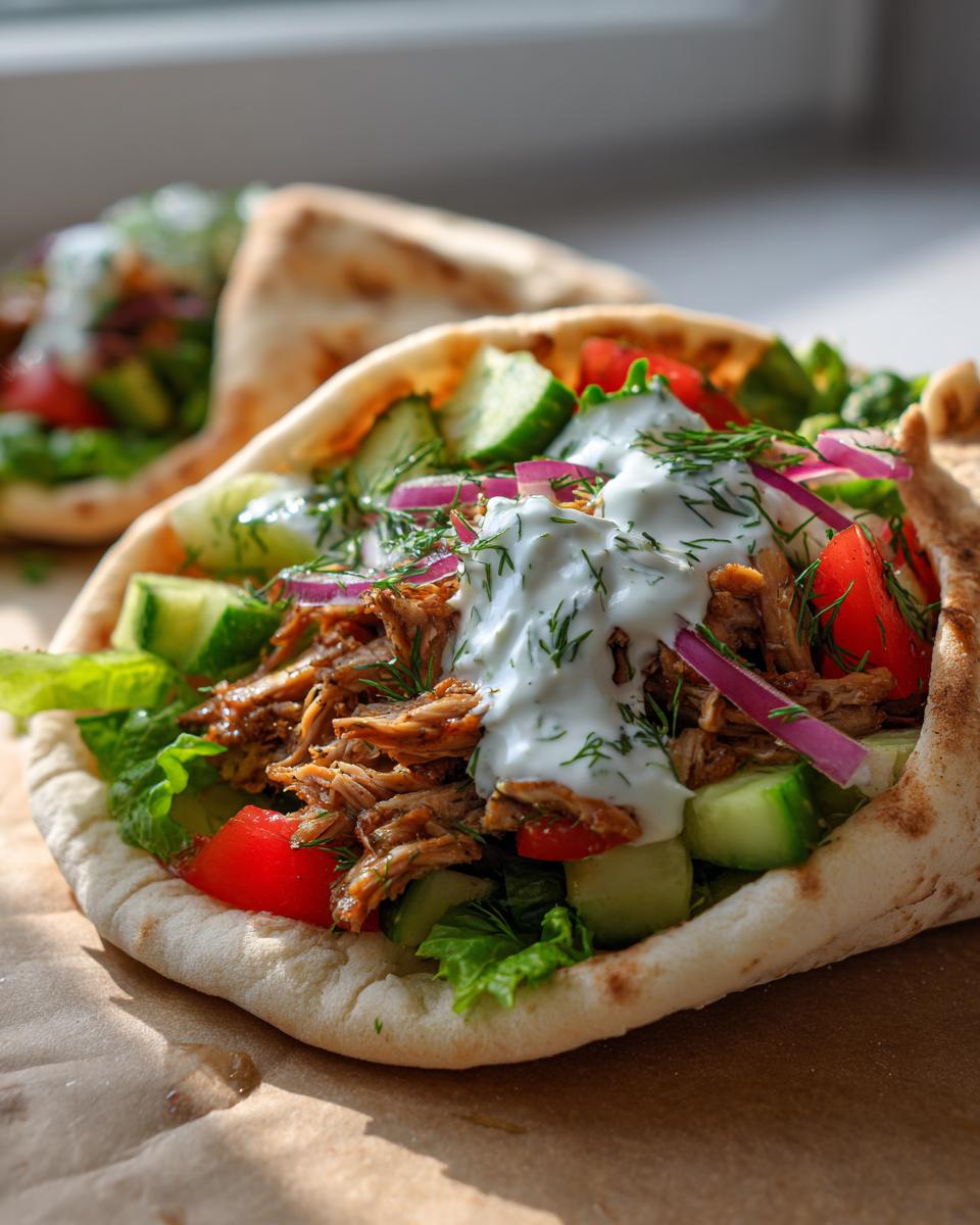 Close-up of a Slow Cooker Greek Chicken Pita Wrap filled with shredded chicken, lettuce, tomatoes, cucumbers, red onion, and tzatziki sauce.