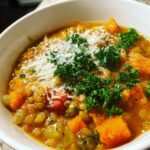 A bowl of hearty Slow Cooker Lentil and Sweet Potato Soup topped with fresh parsley and grated cheese.