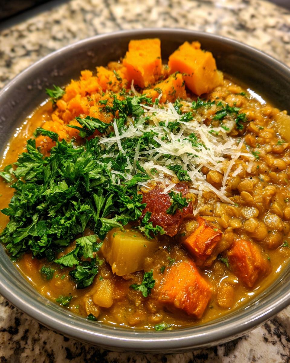 Hearty Slow Cooker Lentil Sweet Potato Soup 5 A close-up of a bowl of Slow Cooker Lentil and Sweet Potato Soup, topped with fresh parsley and shredded cheese.