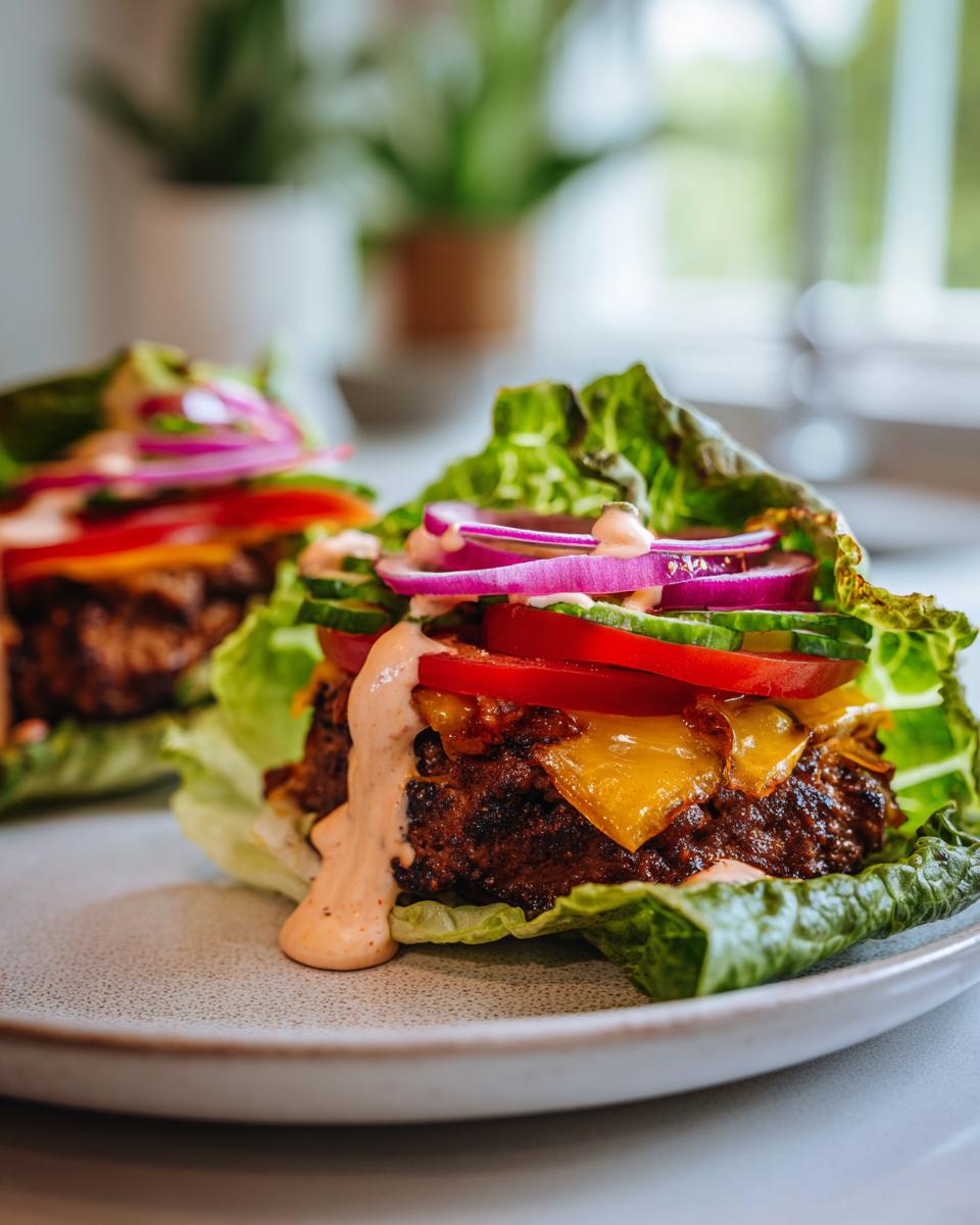 Close-up of a delicious Smash Burger Lettuce Wrap, featuring a juicy patty, melted cheese, fresh vegetables, and sauce.