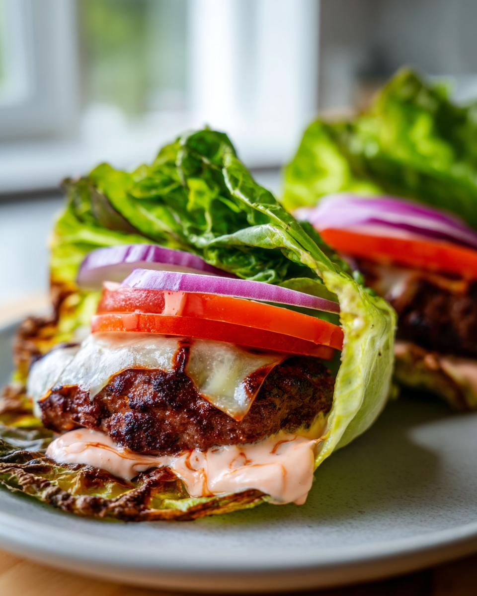 Close-up of a delicious Smash Burger Lettuce Wrap, featuring a juicy patty, melted cheese, tomato, red onion, and sauce, all wrapped in crisp lettuce.