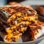 A stack of delicious Smash Burger Quesadillas with pickles, melted cheese, and seasoned ground beef filling.