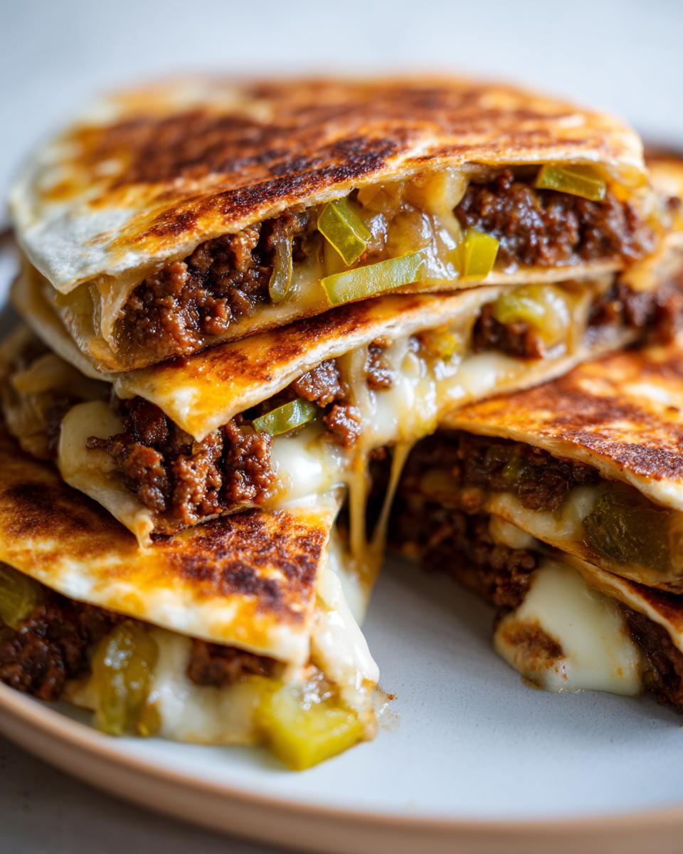 Close-up of a stack of Smash Burger Quesadillas with pickles, seasoned ground beef, and gooey melted cheese.