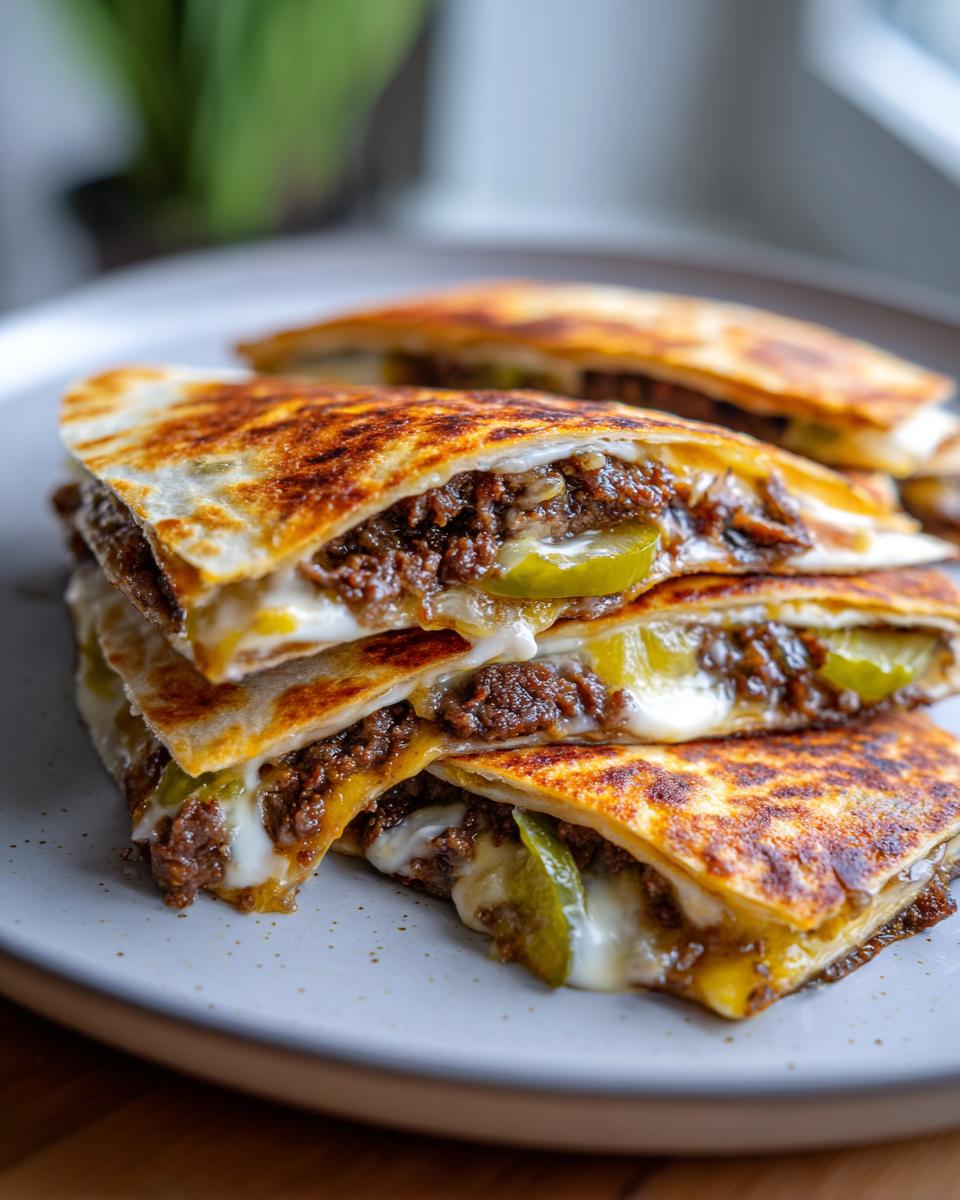 A stack of golden-brown Smash Burger Quesadillas with pickles and melted cheese, cut into wedges.