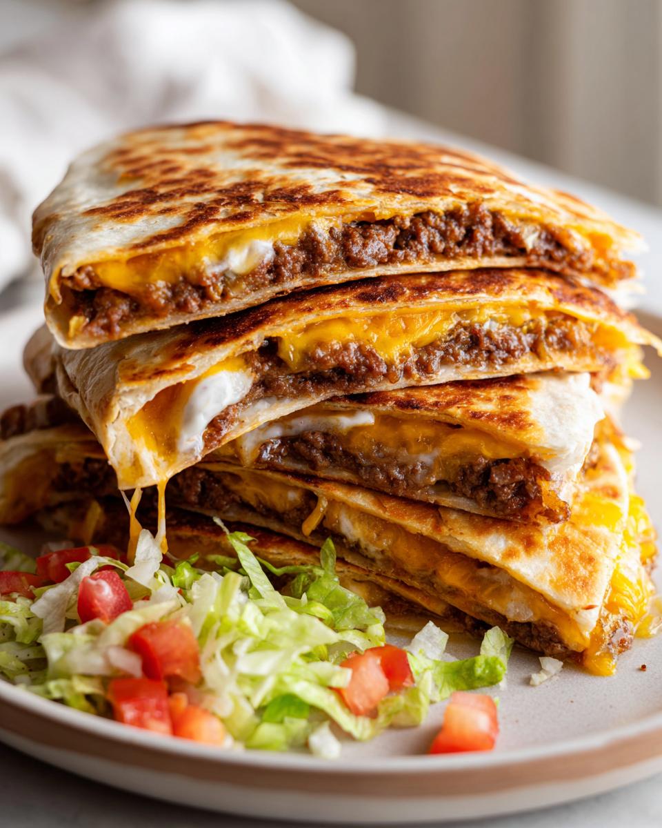 A stack of golden-brown Smashburger Quesadillas filled with seasoned ground beef and melted cheese, served with a side of shredded lettuce and diced tomatoes.
