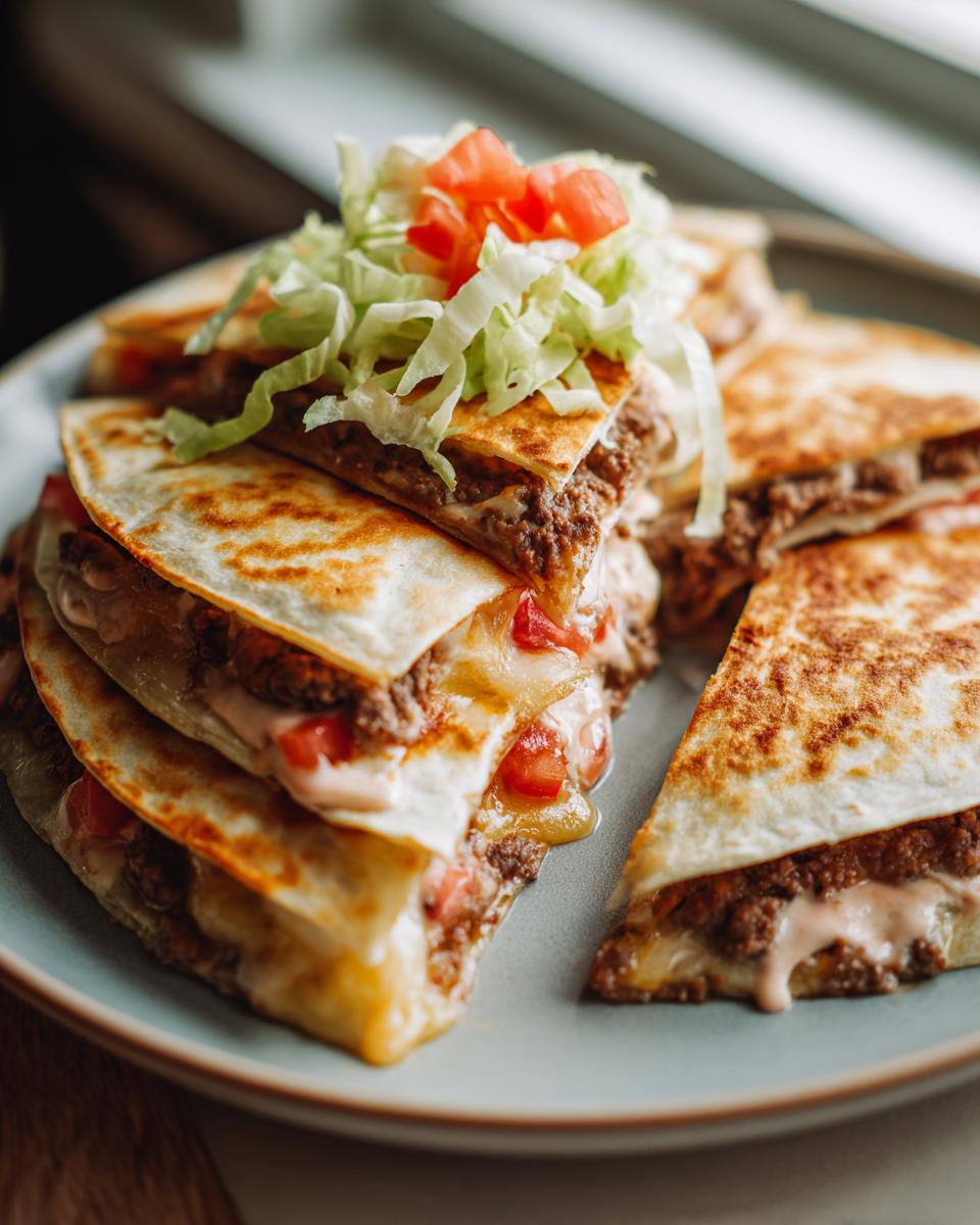 A stack of golden-brown Smashburger Quesadillas, filled with seasoned beef and cheese, topped with fresh lettuce and diced tomatoes.