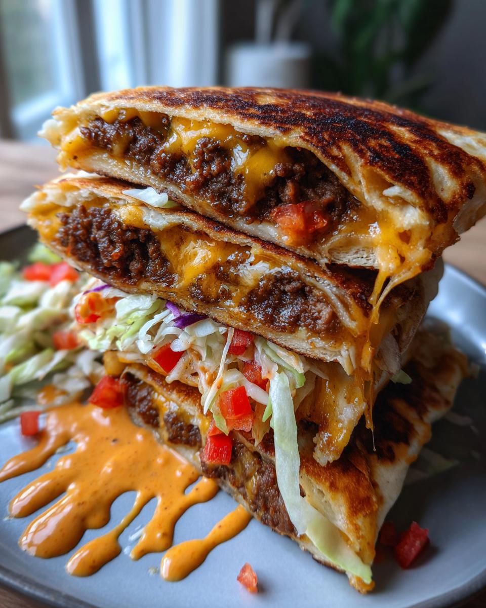 A stack of three Smashburger Quesadillas, cut in half, filled with seasoned ground beef and melted cheese, served with a side of shredded lettuce, diced tomatoes, and special sauce.