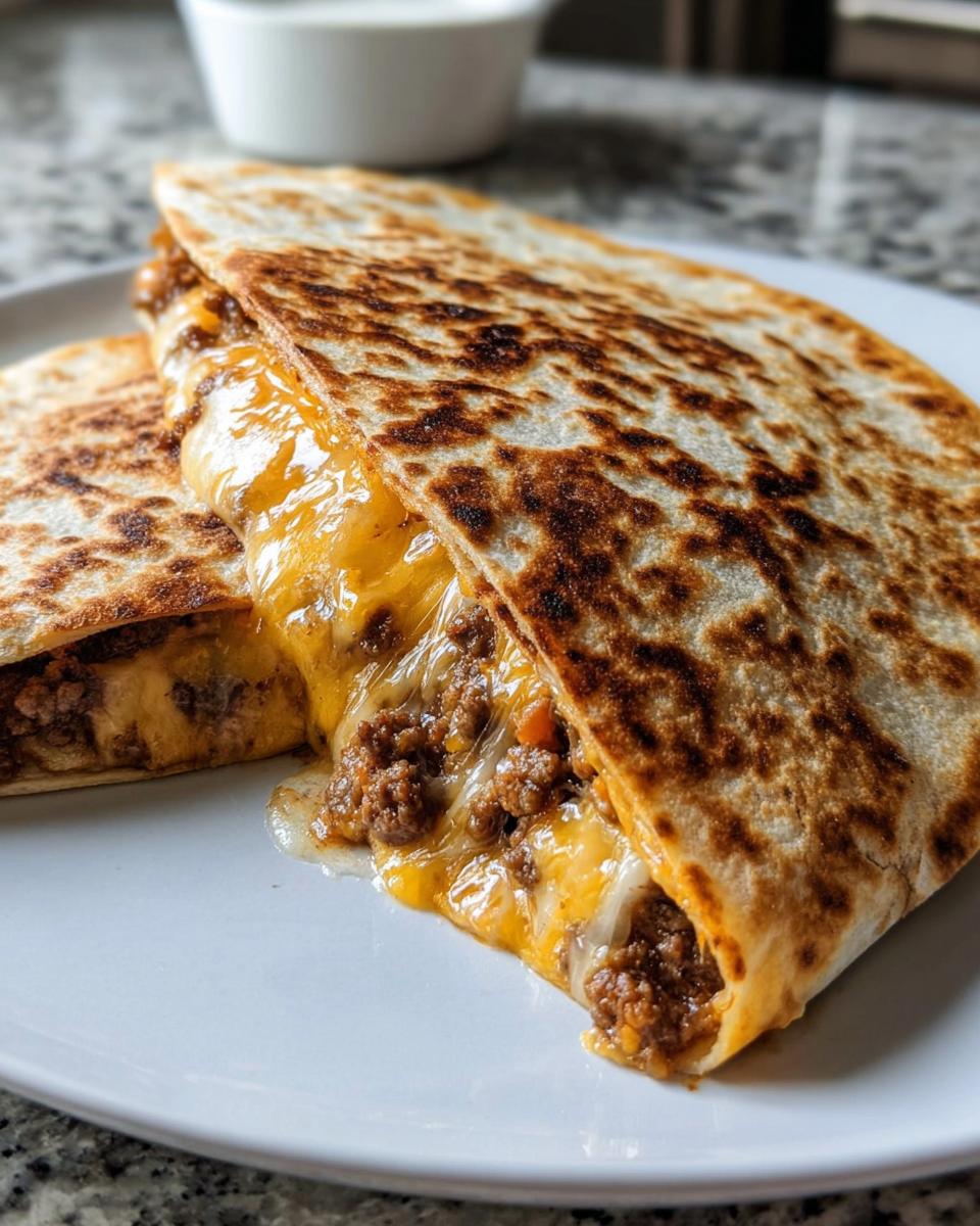 Close-up of two Smashburger Quesadillas with crispy beef and gooey melted cheese on a white plate.