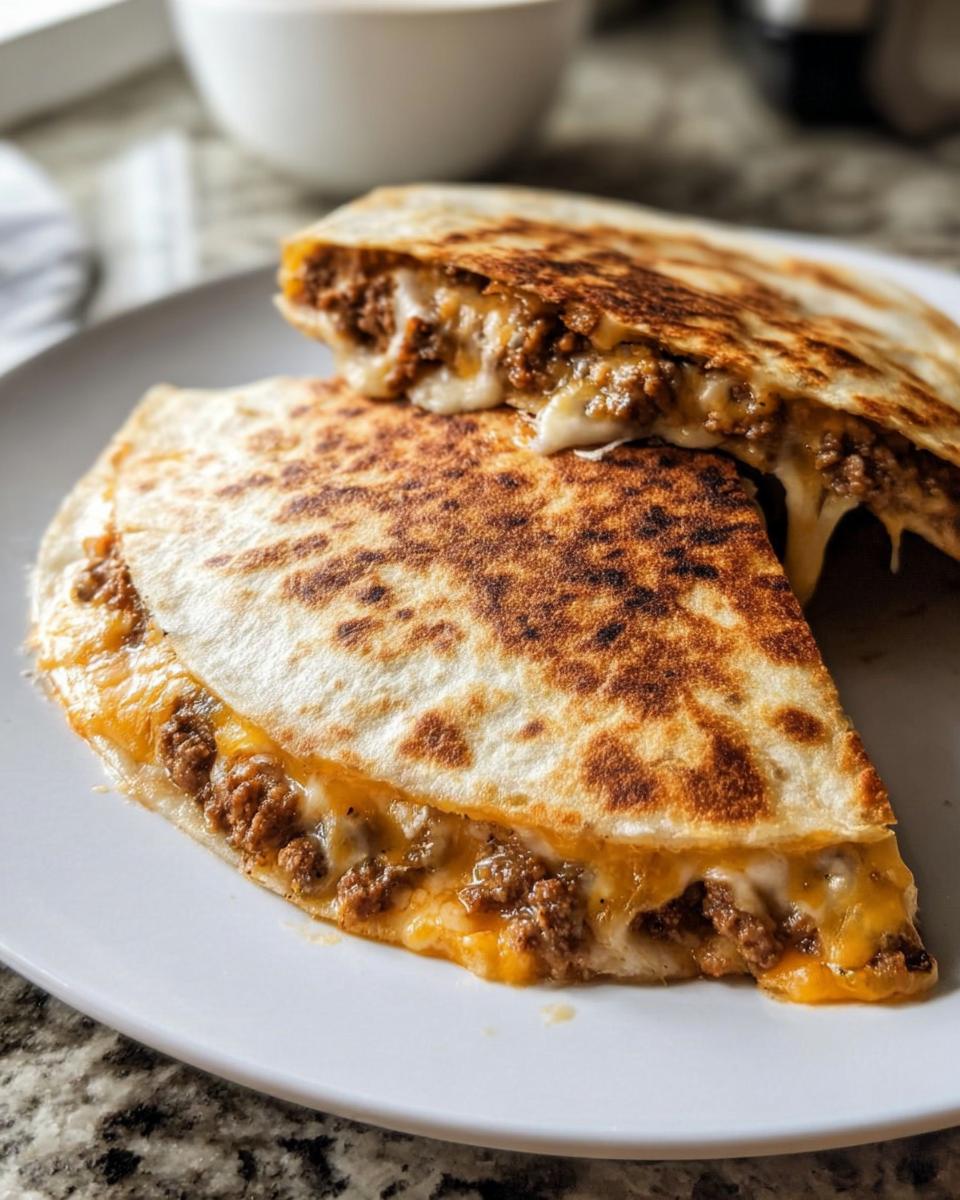 Close-up of a crispy Smashburger Quesadilla filled with seasoned ground beef and melted cheese.