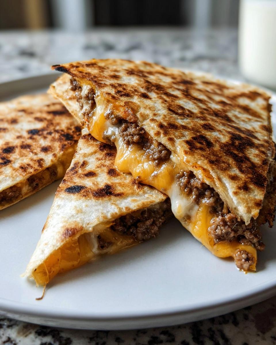 Close-up of two Smashburger Quesadillas with crispy beef and melted cheese, sliced into triangles on a white plate.
