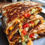 Close-up of stacked Smashburger Quesadillas with special sauce, melted cheese, lettuce, and tomatoes.