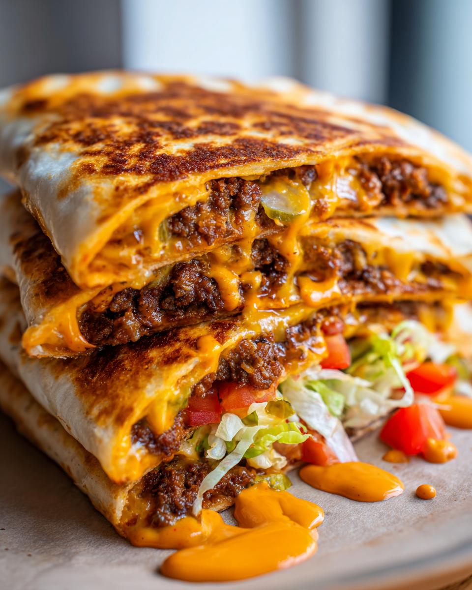 A stack of three delicious Smashburger Quesadillas with special sauce, filled with seasoned ground beef, melted cheese, lettuce, and tomatoes.