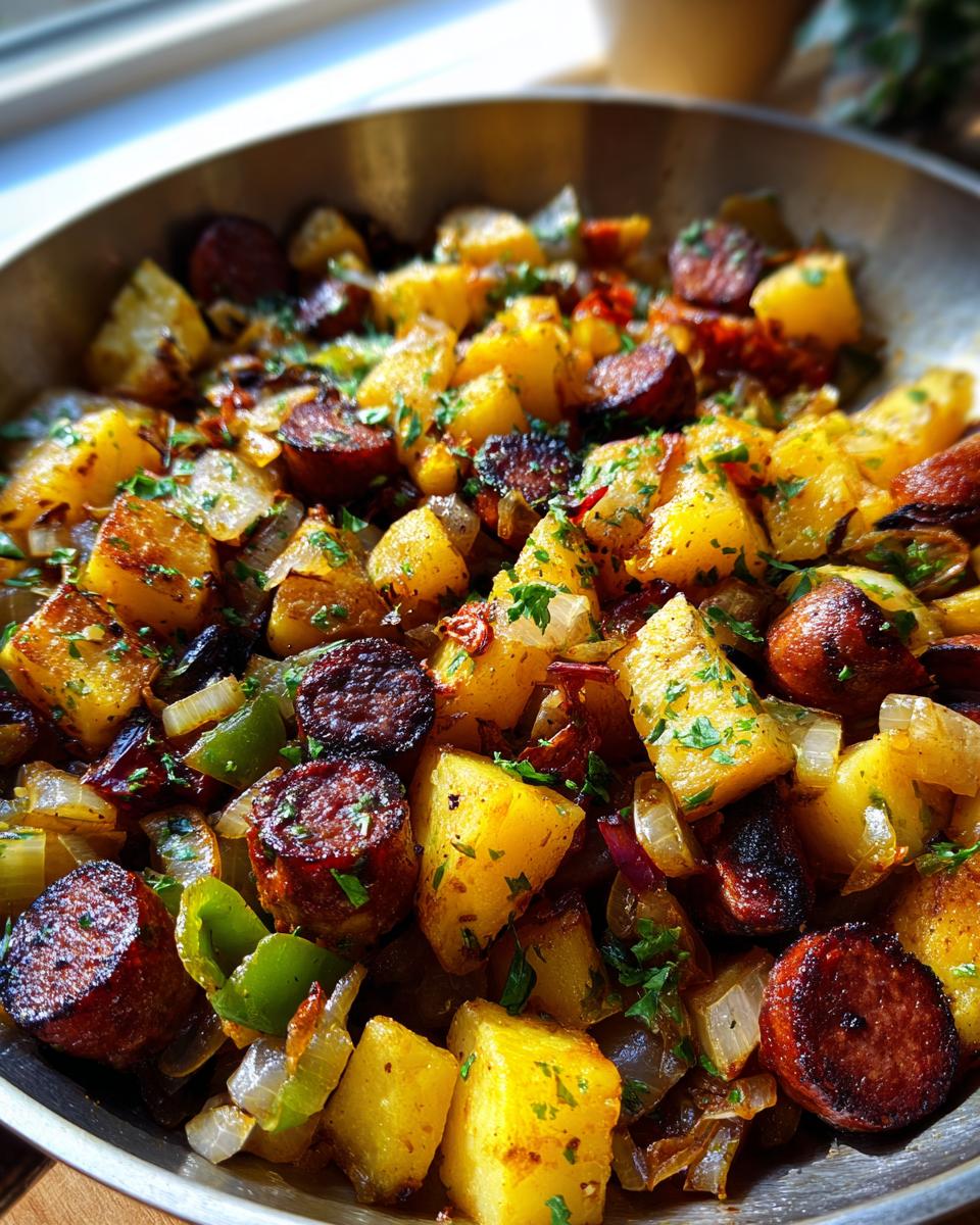 Close-up of a Smoked Sausage Potato Hash in a pan, featuring golden potatoes, sliced sausage, onions, and bell peppers, garnished with parsley.
