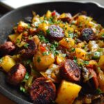 Close-up of a Smoked Sausage Potato Hash One Pan Dinner in a cast iron skillet, garnished with parsley.