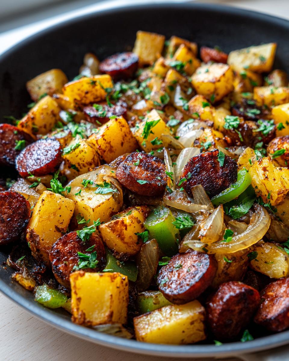 Close-up of a pan filled with Smoked Sausage Potato Hash, featuring golden potatoes, sliced sausage, onions, and green peppers.
