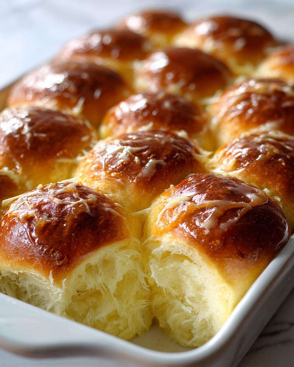 Close-up of golden brown Soft Brioche Dinner Rolls Easy Homemade, glistening and topped with a light glaze.