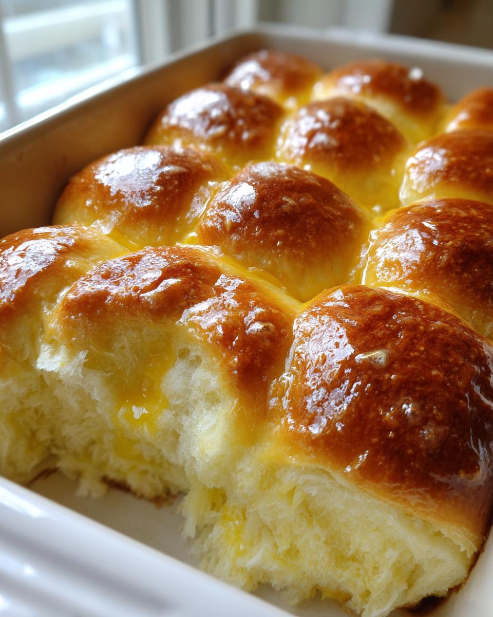 Close-up of golden-brown Soft Brioche Dinner Rolls, glistening with a buttery glaze in a white baking dish.