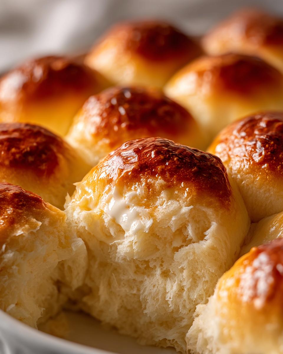 Close-up of fluffy soft dinner rolls dough, with one roll pulled apart to reveal its airy texture and a dollop of butter.