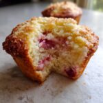 Close-up of a soft strawberry cream cheese muffin with a bite taken out, revealing the moist interior and strawberry pieces.