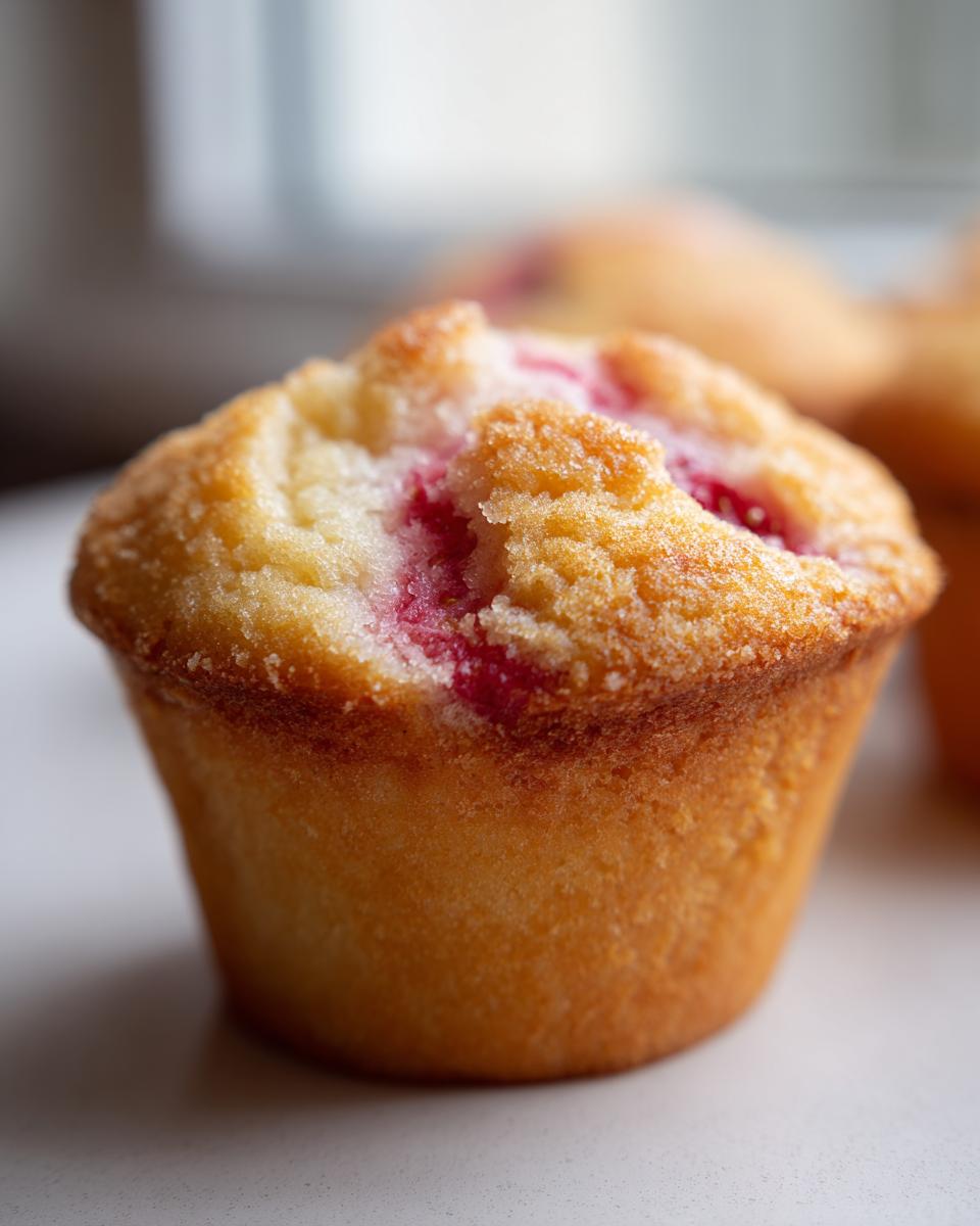 Close-up of a soft strawberry cream cheese muffin with visible strawberry pieces and a golden-brown top.