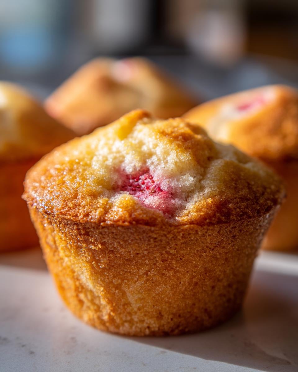 Close-up of a soft strawberry cream cheese muffin with visible strawberry pieces.