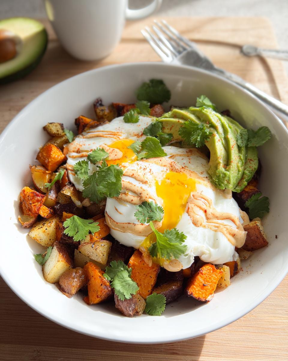 Southwest Breakfast Bowl: Hearty & Flavorful 5 A hearty Southwest Breakfast Bowl featuring roasted sweet potatoes, regular potatoes, two poached eggs, avocado slices, and cilantro.