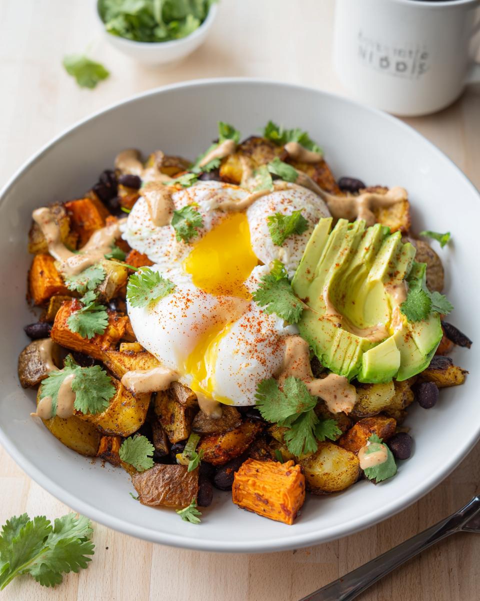 Southwest Breakfast Bowl: Hearty & Flavorful 4 A hearty Southwest Breakfast Bowl with roasted sweet potatoes, black beans, poached eggs, avocado, and cilantro.