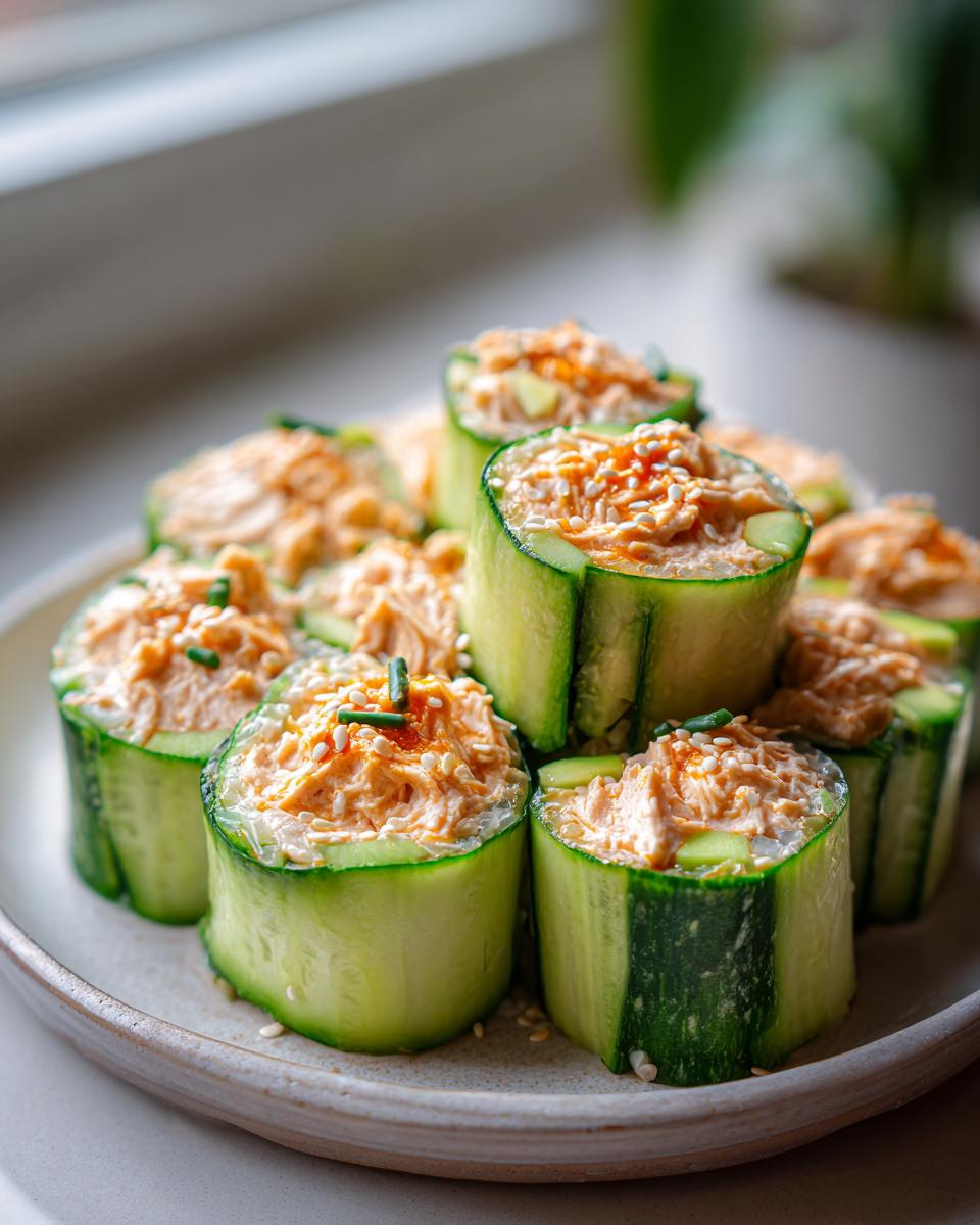 A plate of Spicy Tuna Cucumber Sushi Rolls, a low-carb alternative to traditional sushi, topped with sesame seeds and chives.