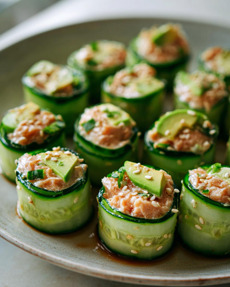 Close-up of Spicy Tuna Cucumber Sushi Rolls Low Carb, topped with avocado and sesame seeds.
