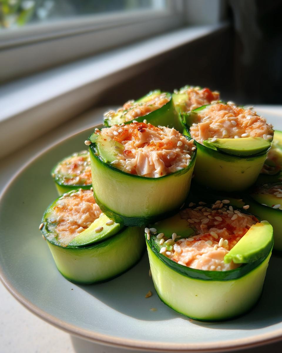 Close-up of Spicy Tuna Cucumber Sushi Rolls, showcasing the fresh avocado and tuna filling, topped with sesame seeds and paprika.