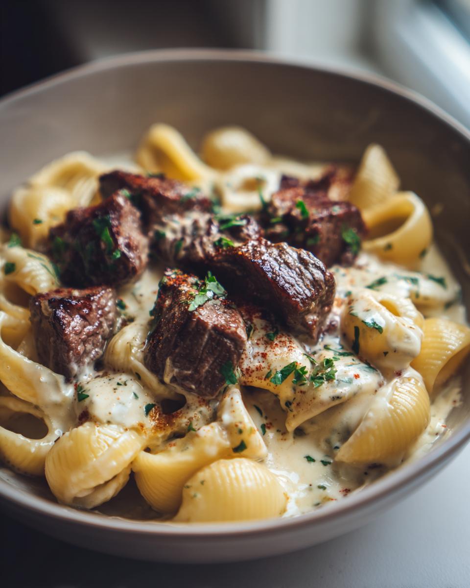 Close-up of a bowl filled with creamy Alfredo sauce, shell pasta, and tender steak bites, garnished with parsley.